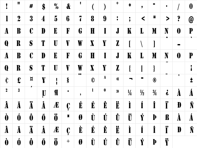 CargoCondensed Regular  glyph index