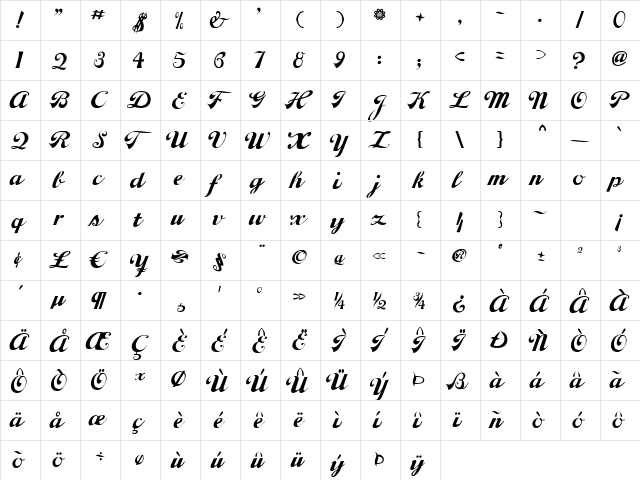LiciousScript Regular  glyph index