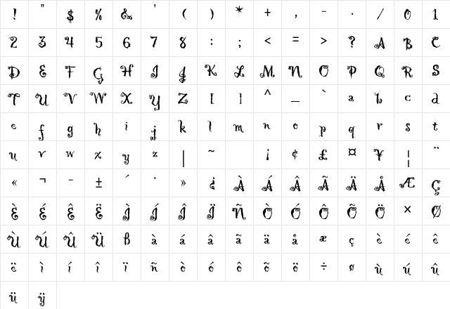 Hollyweird Std Regular  glyph index