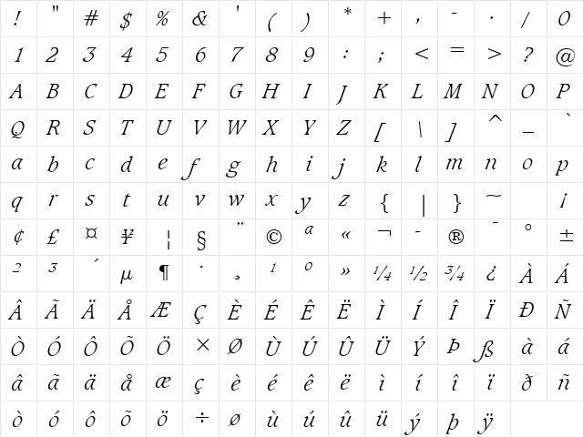 Caxton Light Italic  glyph index
