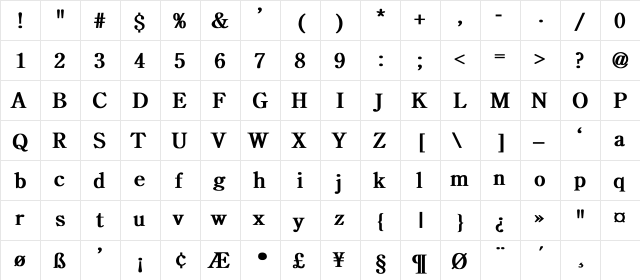 Bucolic Modern Light Bold Regular  glyph index