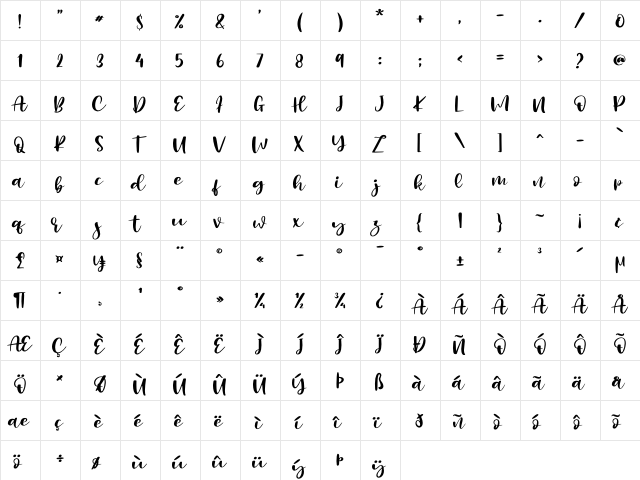 Millenial Script - Personal Use Regular  glyph index