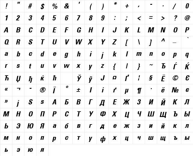 PartnerCondensed BoldOblique  glyph index