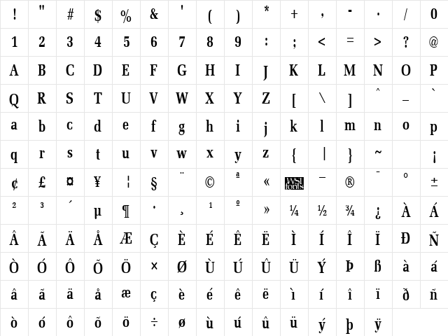 MemoirCondensed Bold  glyph index