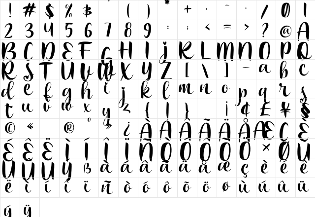 Bakira Regular  glyph index