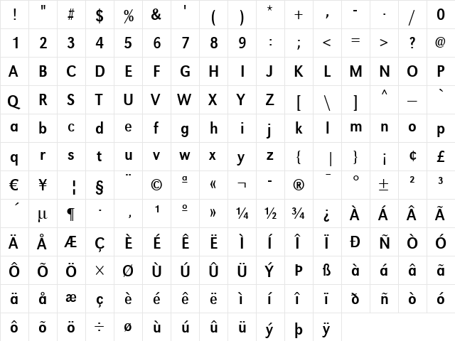 TomBeckerNarrow Regular  glyph index