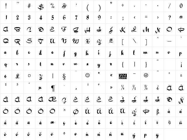 Bailey Script Regular  glyph index