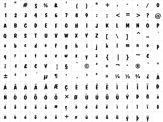 DomBold BT Regular  glyph index