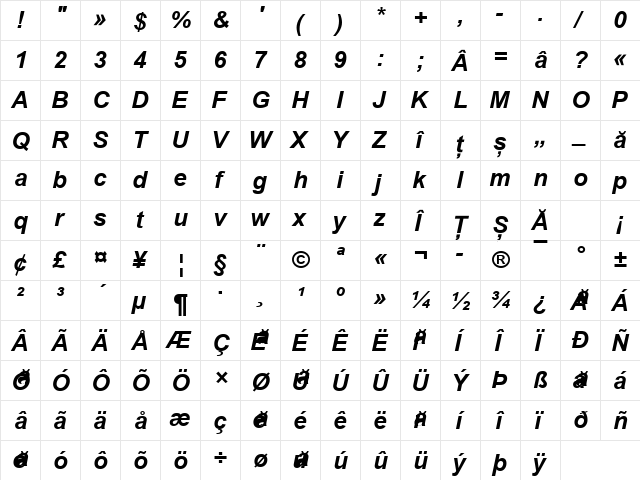 Arial Bold Italic  glyph index