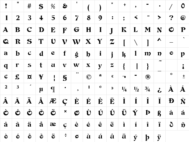 De Vinne Becker Ornament Regular  glyph index