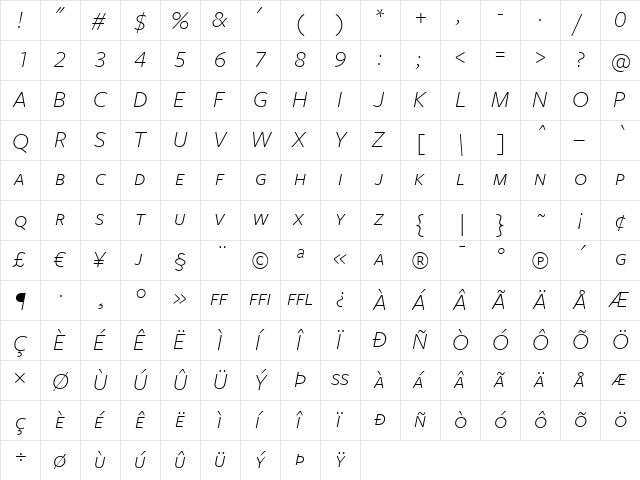 FreightSans LightItalicSC  glyph index