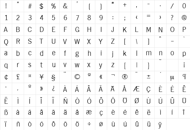 Hamburg-Serial-ExtraLight Regular  glyph index