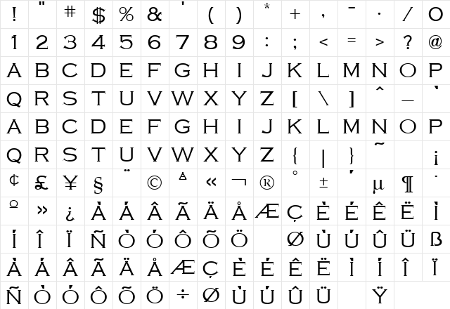 Copperplate Regular  glyph index