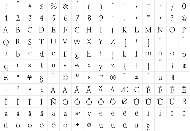 Jessica-Light Regular  glyph index