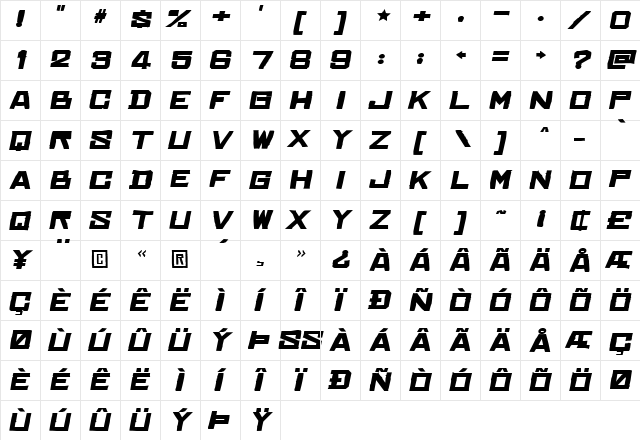 Chinese Rocks Fat Italic  glyph index