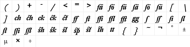 DTL Fleischmann T Alt Bold Italic  glyph index