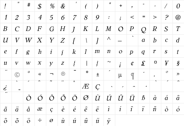BelliniOriginalItalic Regular  glyph index