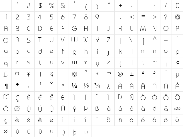 BahamasLight Regular  glyph index