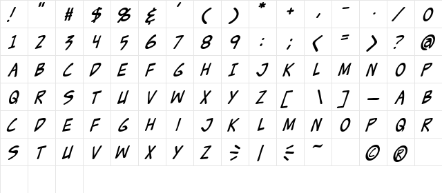 Zud Juice Italic  glyph index