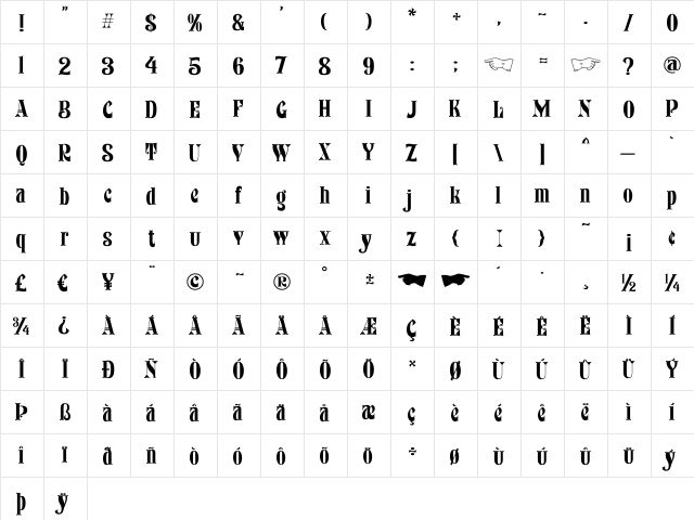 Bronc Stomper Regular  glyph index
