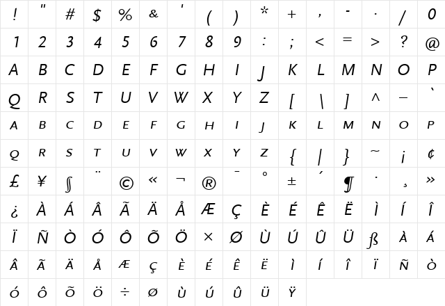 ADScalaSansCaps Medium Italic  glyph index