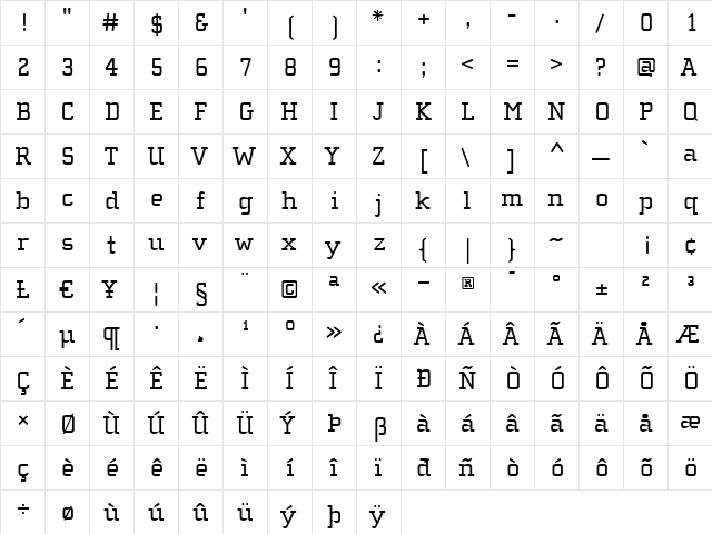 ChollaSlabRegular Regular  glyph index