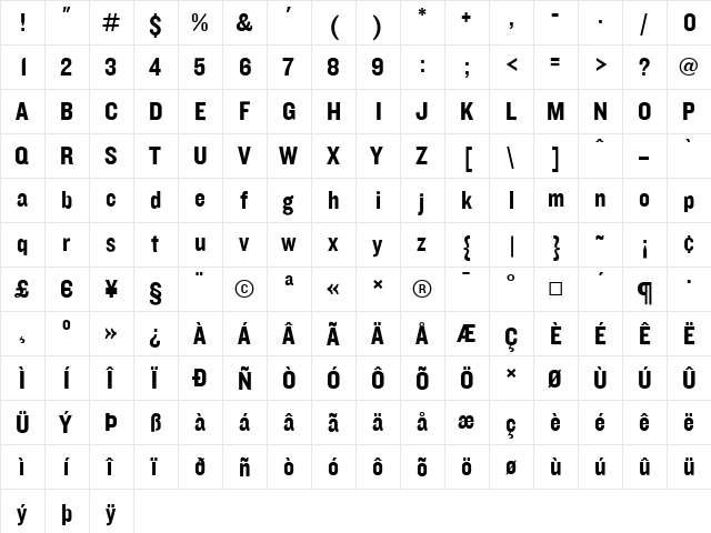 Knockout Medium  glyph index