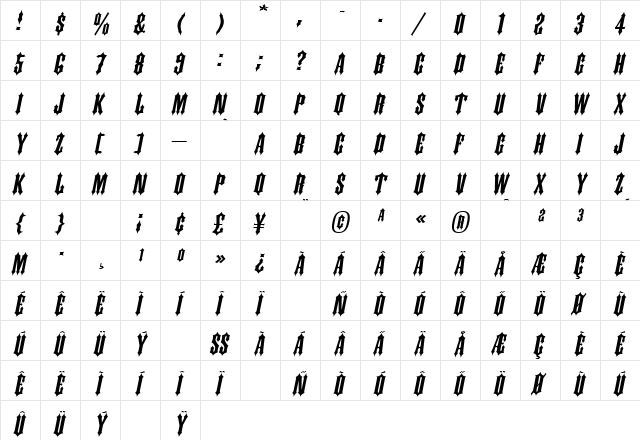 OriginExpand Oblique  glyph index