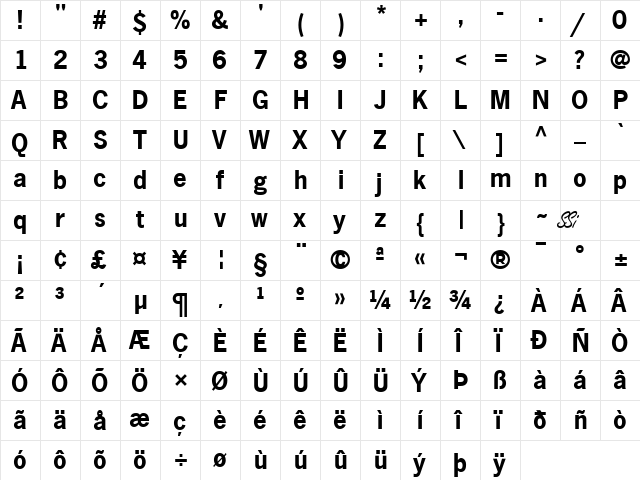 Macro SSi Bold  glyph index