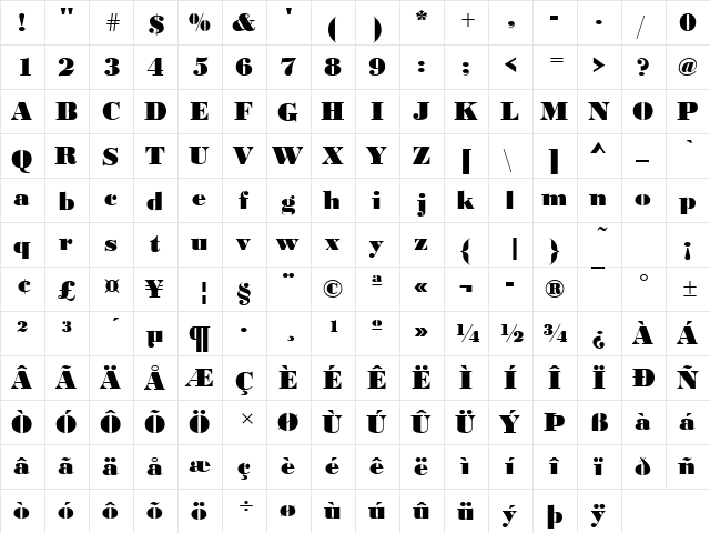 Bodoni Becker Black Regular  glyph index