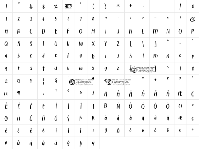 Sugar & Spice HandSans Regular  glyph index