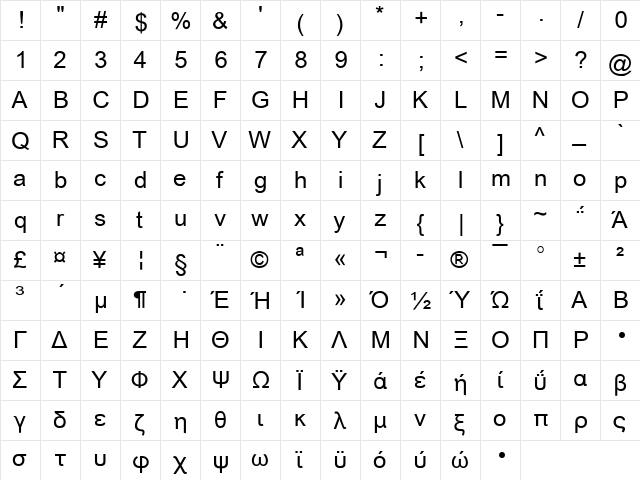 HellasArial Plain  glyph index