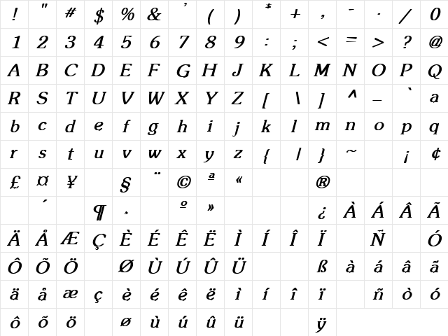 Train Kept 1 Bold Italic  glyph index