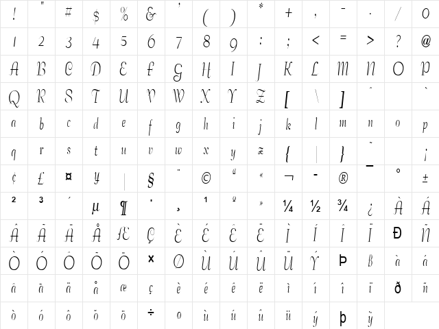 Tango Condensed Normal  glyph index