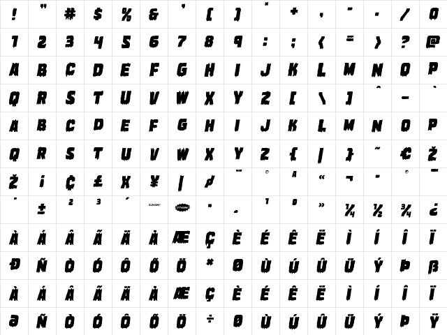 Marsh Thing Italic Italic  glyph index