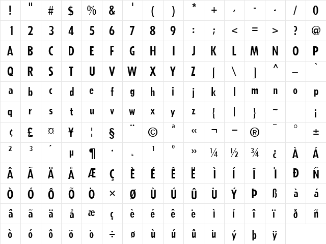 ArcheCondSSK Regular  glyph index