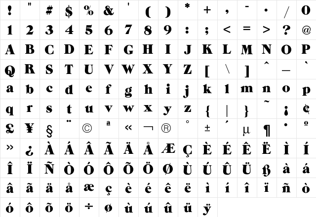 Grouch Regular  glyph index