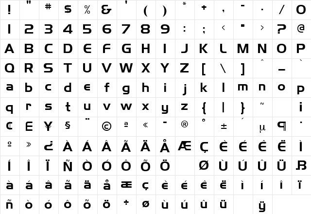 Trek Regular  glyph index