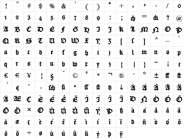 Fette Caslon Gotisch OsF Black  glyph index
