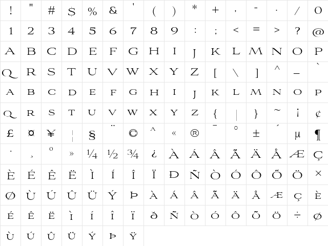 Aviano Light Light  glyph index