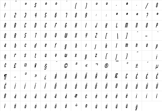 Flintstone Condensed Italic  glyph index