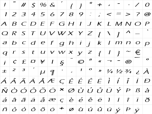 EricExtended Italic  glyph index