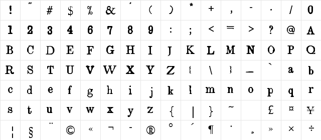 Island Roman Regular  glyph index