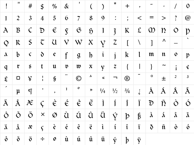 Clairvaux Regular  glyph index