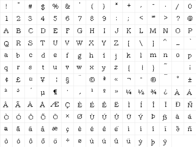 DTCRoughM18 Regular  glyph index