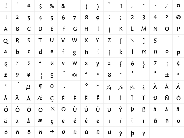 Woodland ITC Medium  glyph index