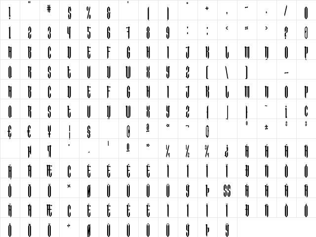 Imperial-LongBone Regular  glyph index