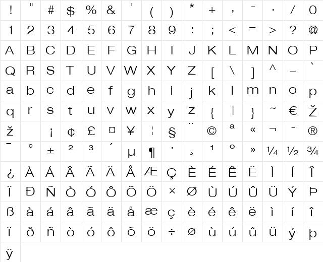 HelveticaNeue LT 43 LightEx Regular  glyph index