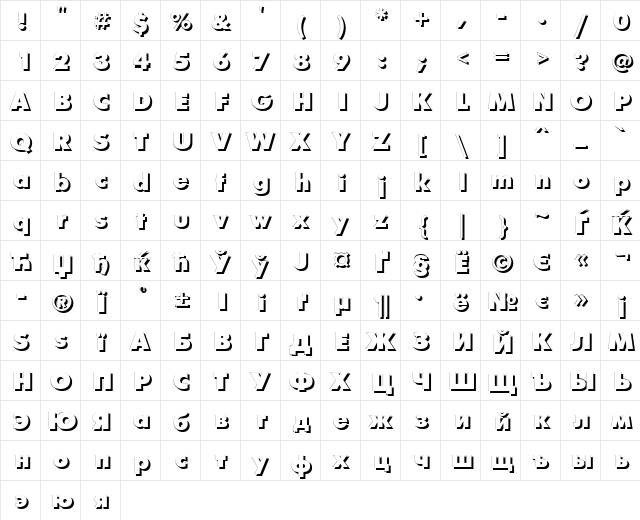 FuturaFuturisXShadowC Regular  glyph index