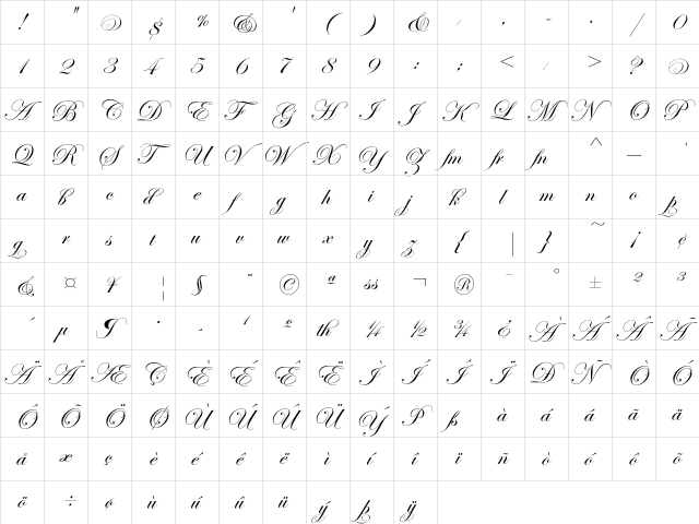 EdwardianScriptEF RegularA  glyph index